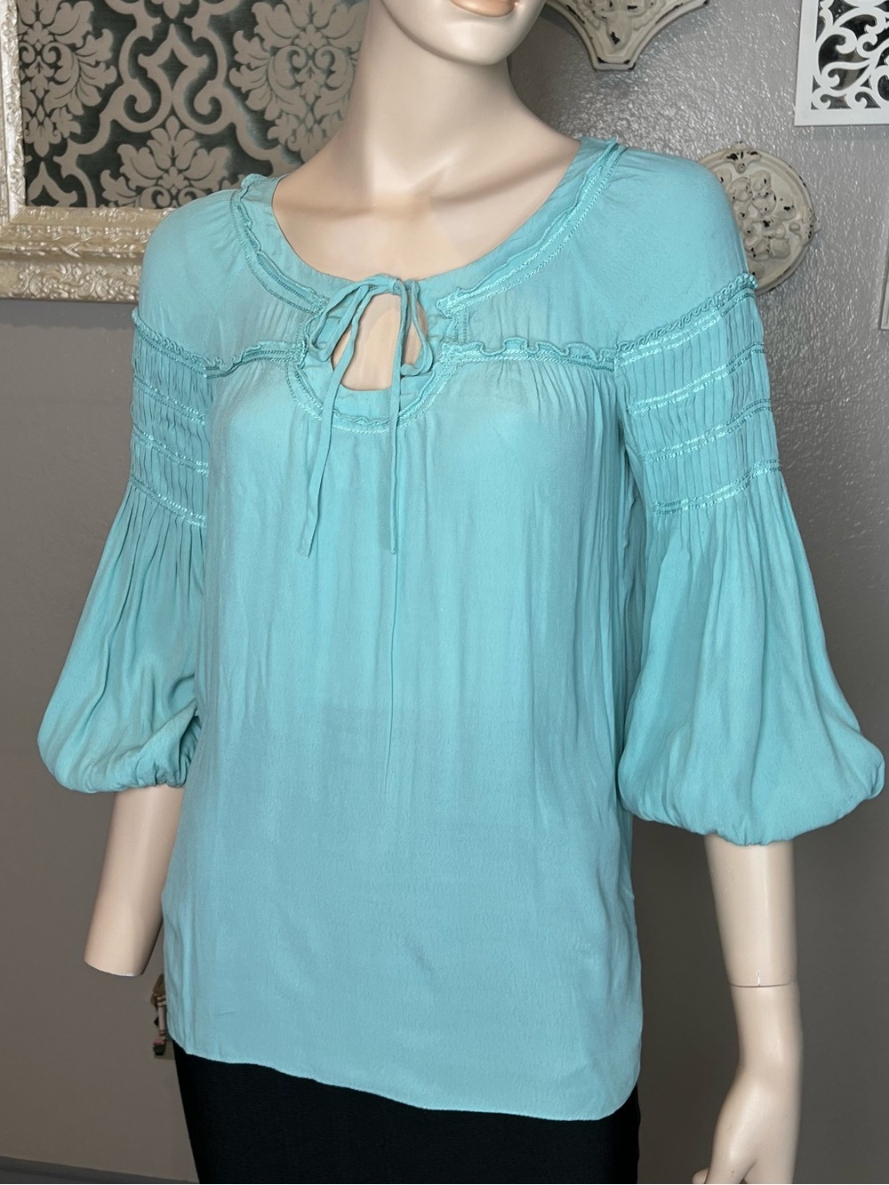 Light Blue Peasant Blouse with Tie Neck